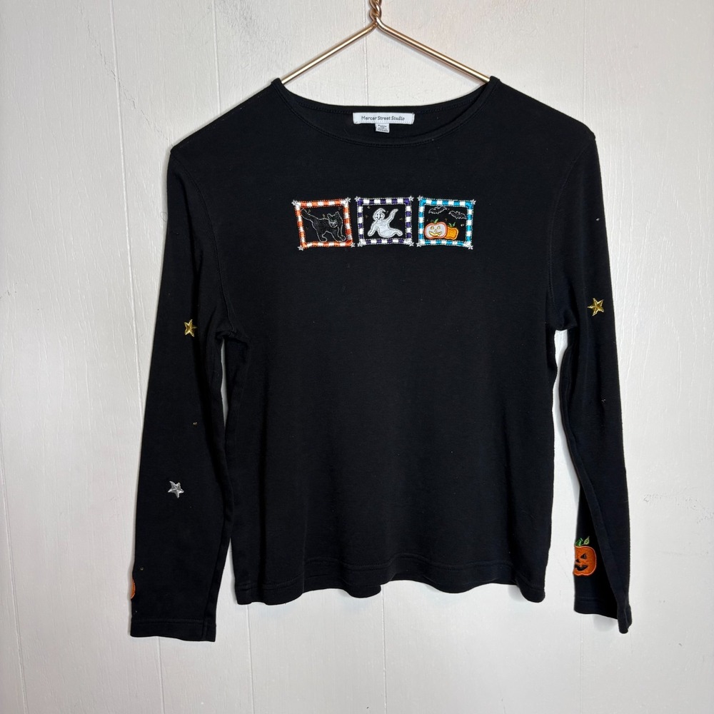 Vintage Mercer Street Studio Holiday Top PM Black Halloween Ghost Pumpkin Spooky